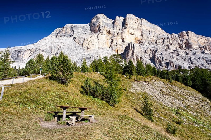 View from the Heiligkreuzkofelsteig climbing route on Heiligkreuzkofel Mountain in the Fanes Group