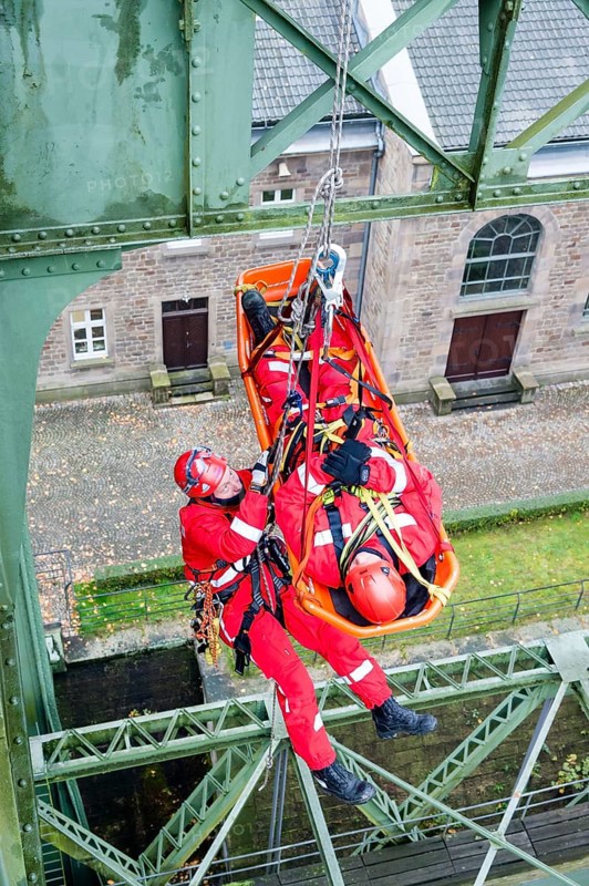 Firefighters practicing rescue from heights on the old Henrichenburg boat lift