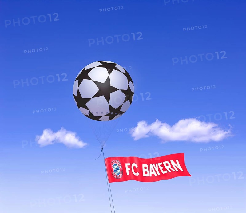 Moored balloon as Champions League football with the flag of FC Bayern Munich