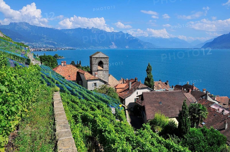 View over the wine-producing village and Lake Geneva towards the Swiss Rhone Valley