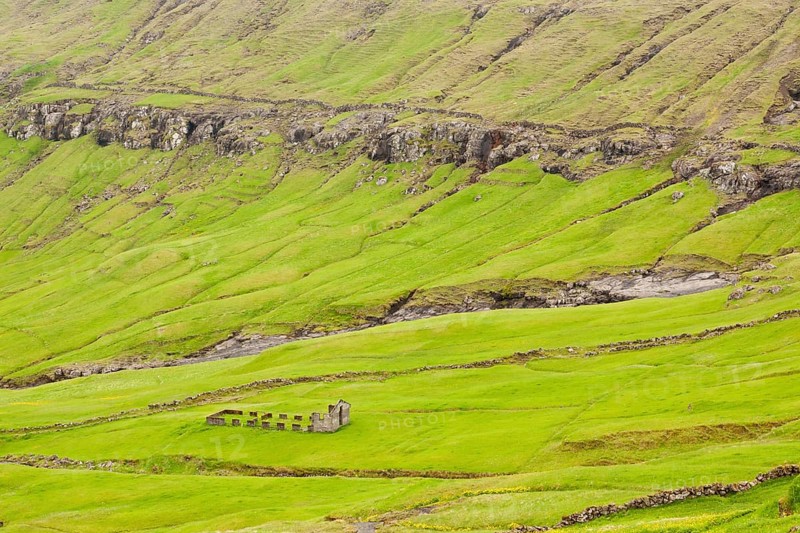 An abandoned farm amidst lush green pastures