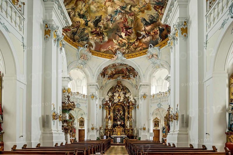 Nave of the Rott abbey church with the high altar by Ignaz Gunther and dome fresco 'Theatrum honoris' by Matthaus Gunther