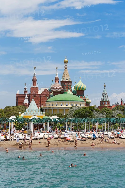 Beach with Kremlin Palace Hotel and a Kremlin replica