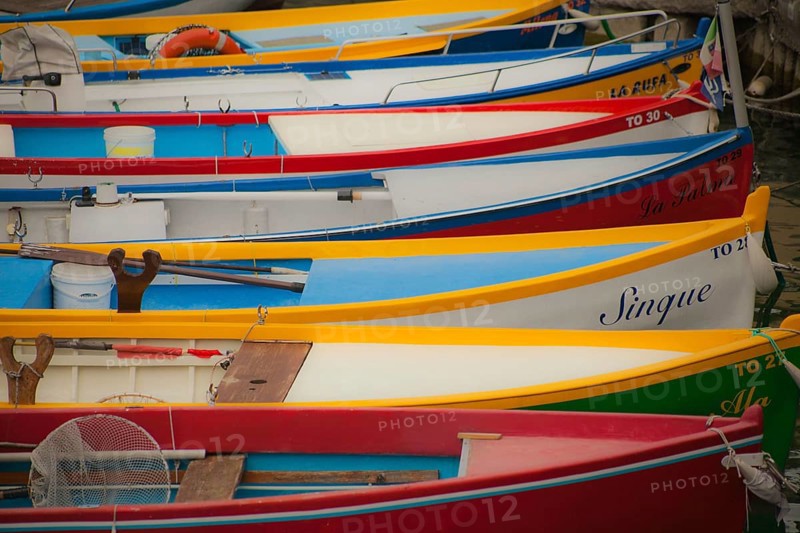 Colourful fishing boats in a small harbour of Lake Garda