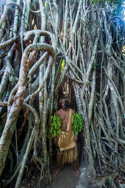 Traditional dressed man with black face standing in a giant banyon tree