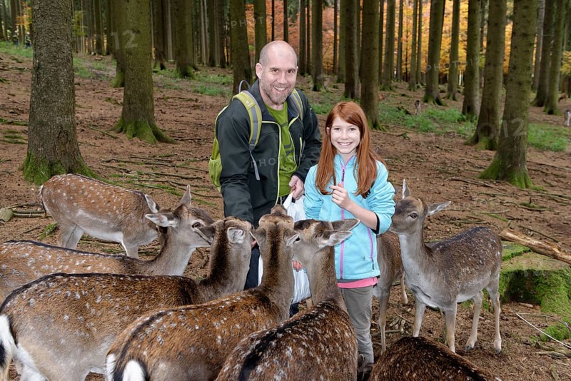 Father and daughter feeding deer