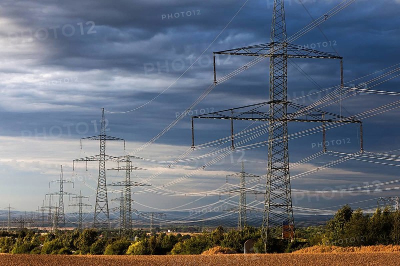 Newly erected high-voltage pylons of the South-West Interconnector of the transmission system operator 50 Hertz