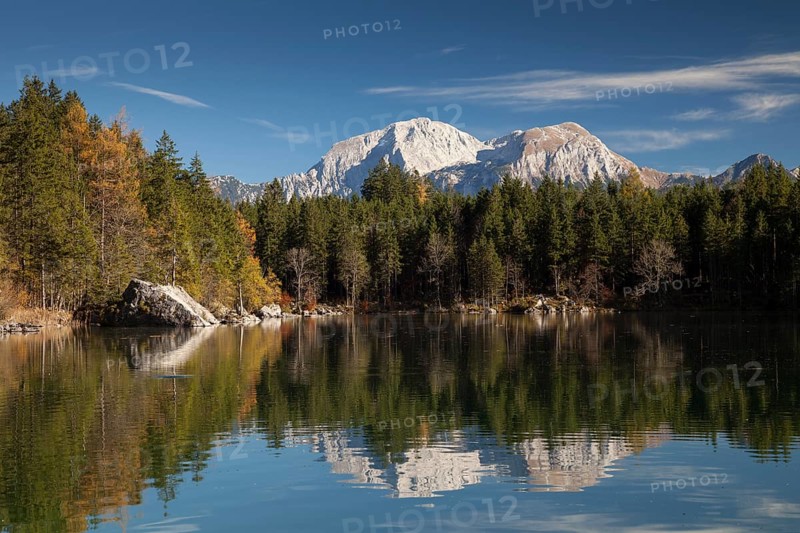 Alpine landscape with Hoher Goll Mountain at Lake Hintersee