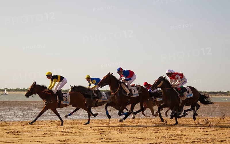 Horse race at the beach of Sanlucar de Barrameda at the Guadalquivir river mouth