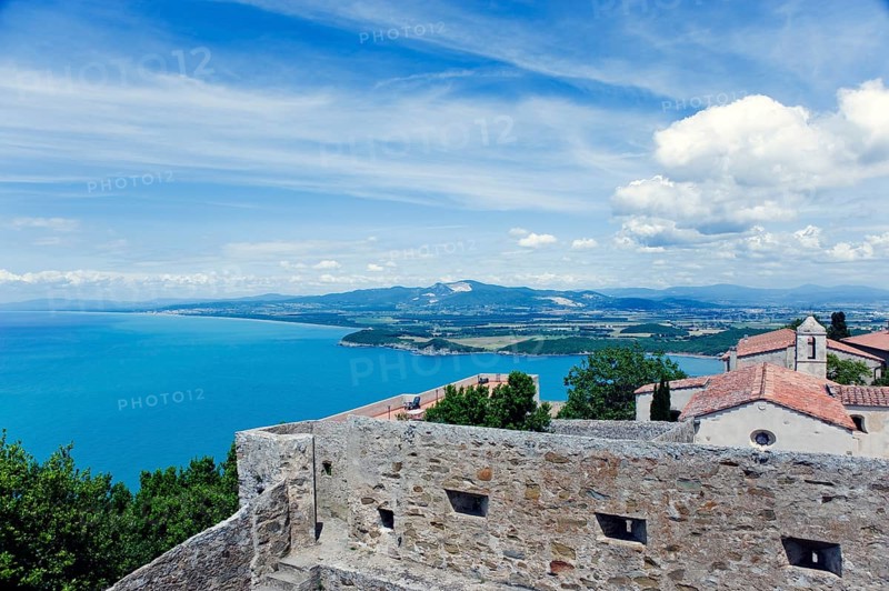 View from Torre di Populonia of Populonia Castle and the Gulf of Baratti