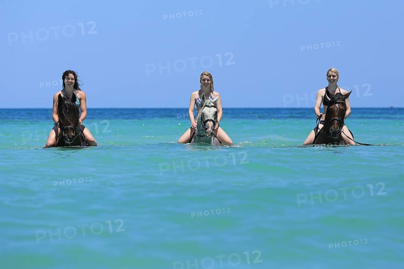 Three women wearing bikinis riding Barb horses in the sea