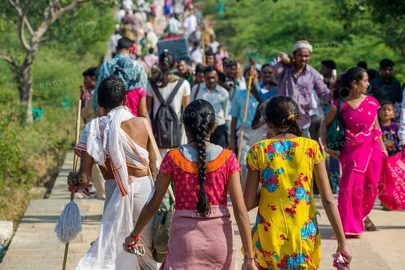 Jain pilgrims walking up Mount Shatrunjaya