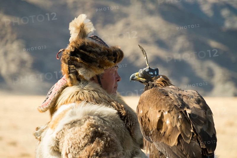 Kazakh eagle hunter wearing wolf fur holding an Festival in Sagsai