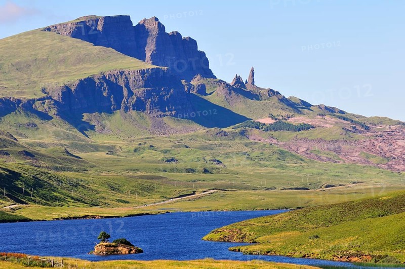 Views across Loch Fada to The Storr with the Old Man of Storr pinnacle