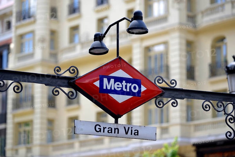 Sign of the Calle Gran Via metro station on Gran Via avenue