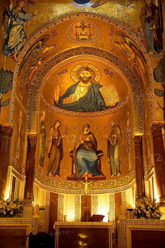 Byzantine mosaics with Christ Pantocrator above the altar at the Palatine Chapel or Cappella Palatina