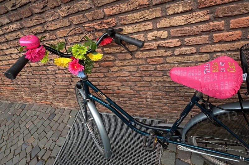 Bike decorated with flowers leaning against a wall