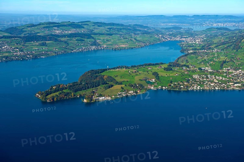 View from Mt Burgenstock of the Hertenstein peninsula in Lake Lucerne with the town of Weggis