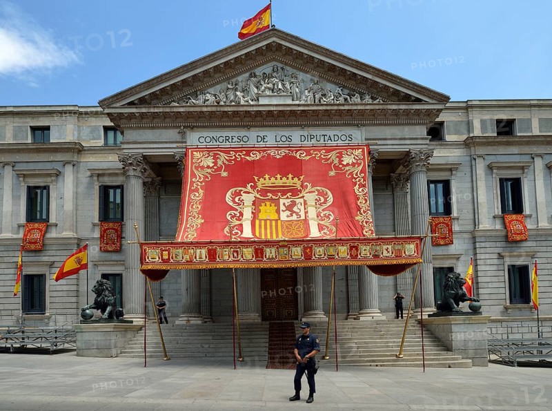 Royal canopy in front of parliament building in honor of the coronation of King Felipe VI