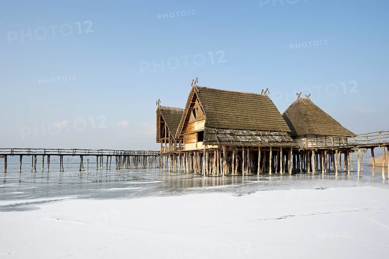 Pfahlbaumuseum Unteruhldingen museum and frozen Lake Constance