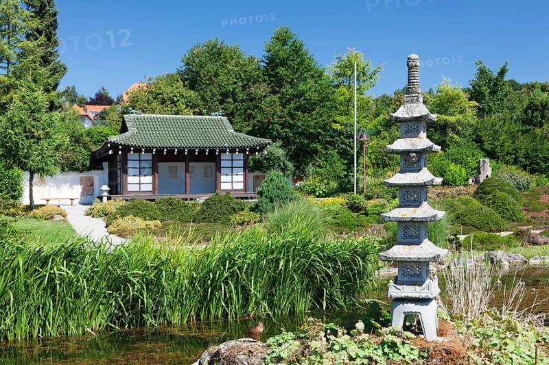 Traditional tea house and pagoda in the Japanese Garden