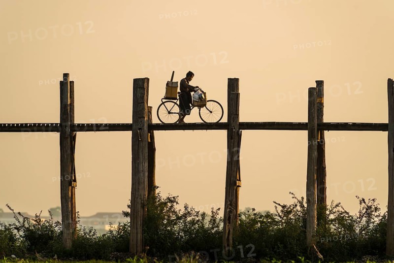 Man with a bike walking on a teak bridge