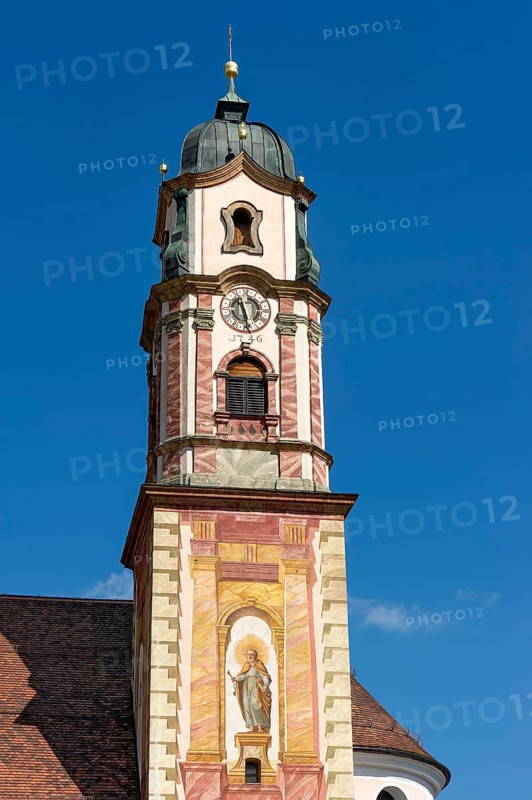 Bell tower of the parish church of St. Peter and Paul with Luftlmalerei
