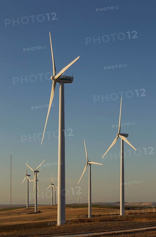 Windmills in the evening light on a wind farm near Sanlucar de Barrameda