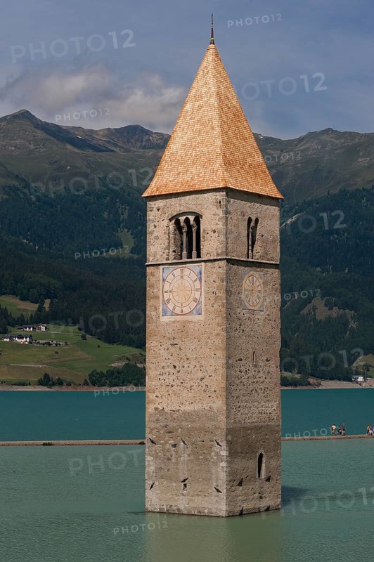 Church tower of Alt-Graun in Lake Reschen