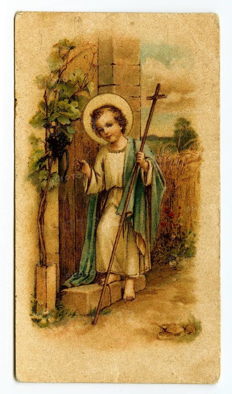 Baby Jesus holding a cross knocking on a door