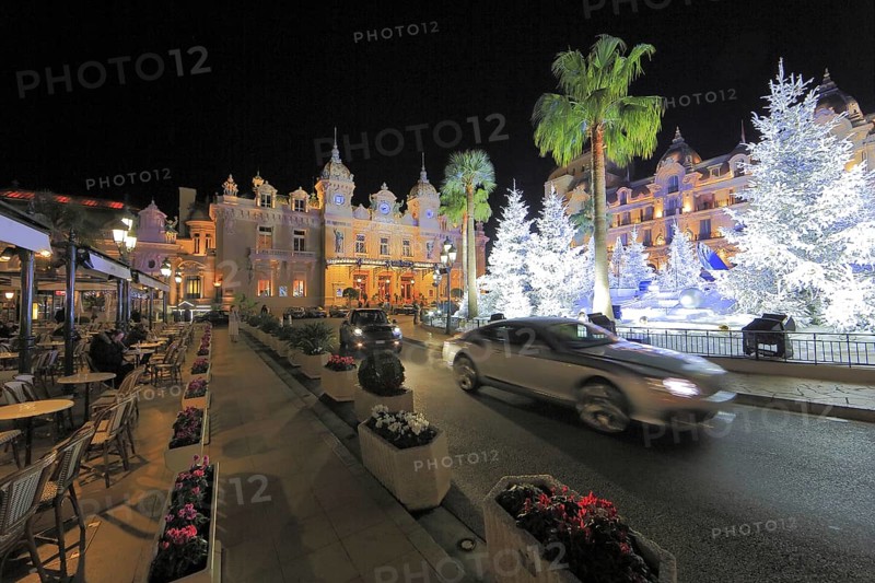 Forecourt of the Casino de Monte-Carlo with christmas decoration with white fir
