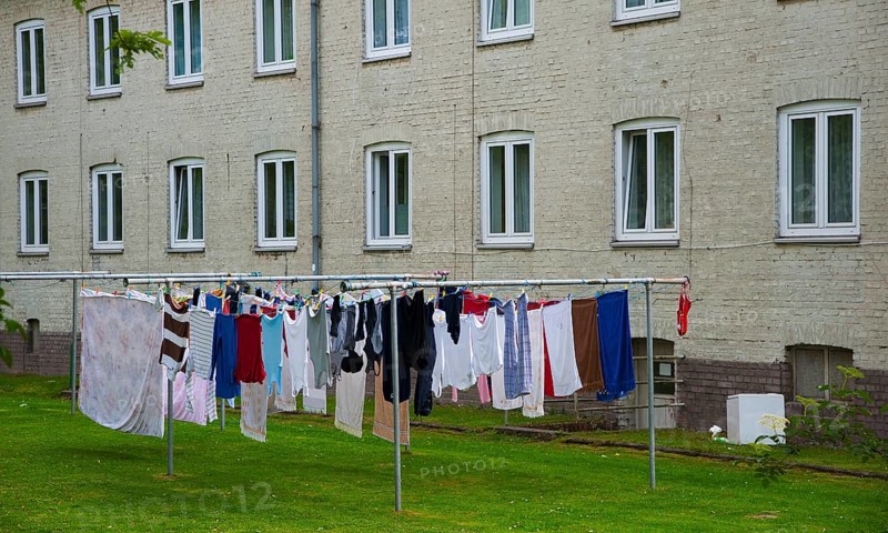Laundry hanging outside in front of council flats