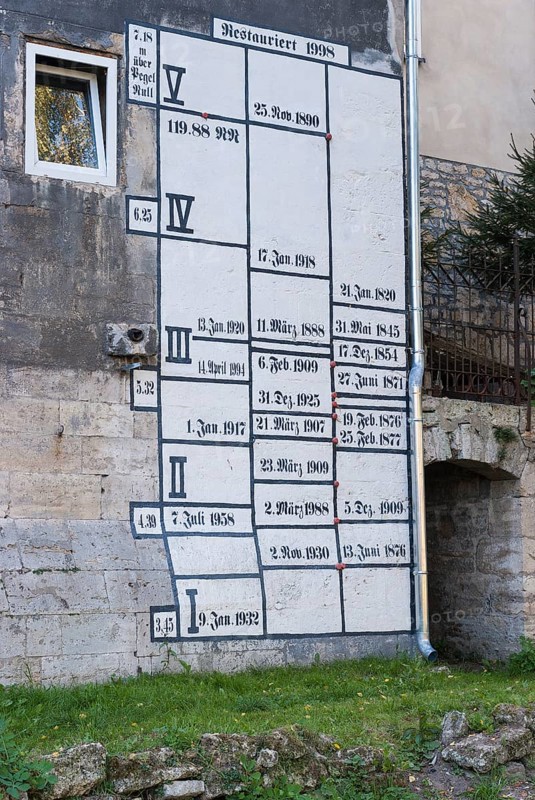 Flood levels on a house wall