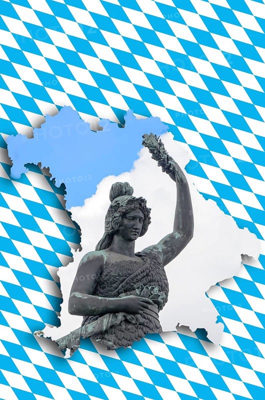 Shape of Bavaria with the pattern of the Bavarian flag and a statue of Bavaria