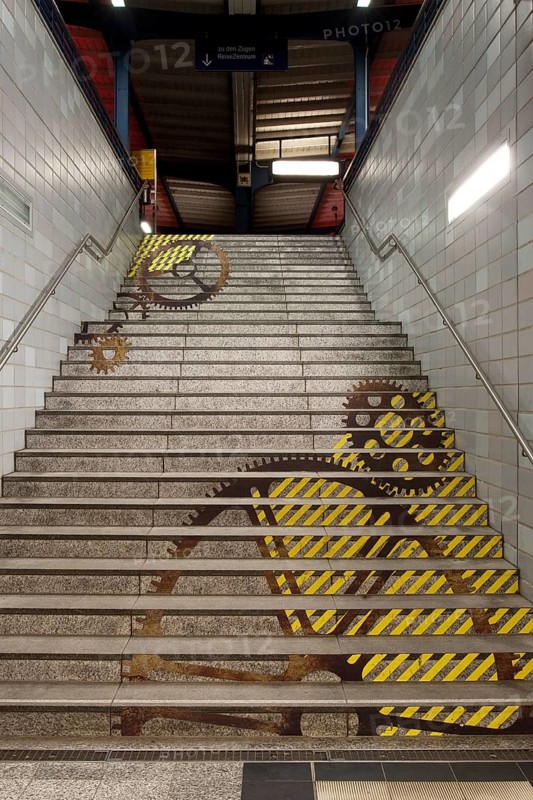 Staircase to the museum platform with the disused tracks 4 and 5 of Oberhausen central railway station