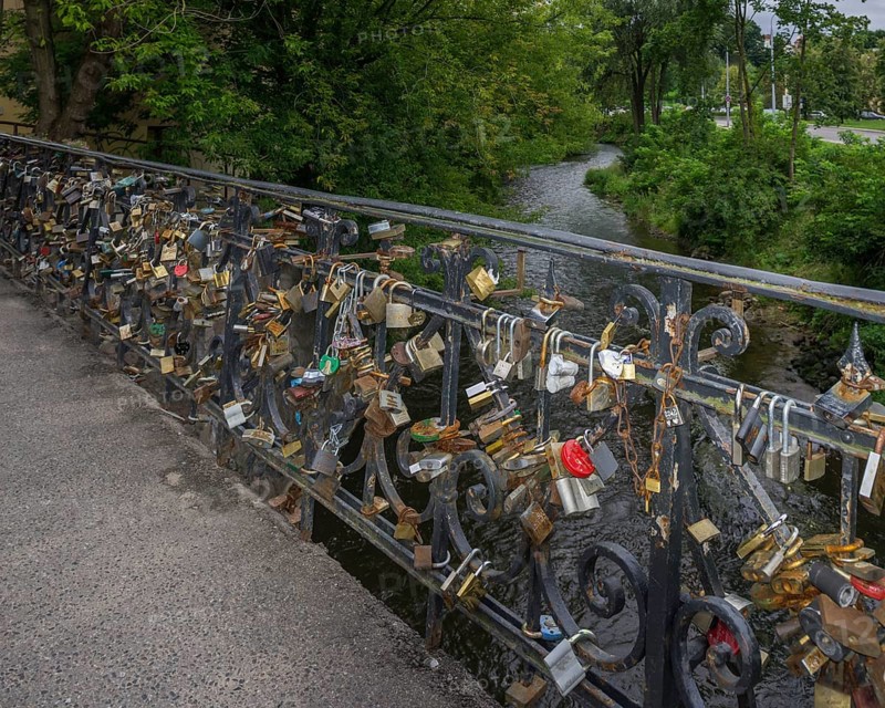 Love locks on the bridge over the Vilnia River