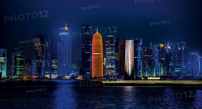 Night scene of the skyline of Doha with Al Bidda Tower