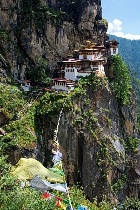 Buddhist prayer flags fluttering at the Tiger's Nest Monastery