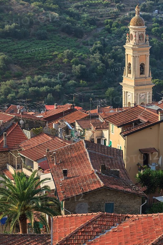 View over the red rooftops of Vallebona with the Church of San Lorenzo