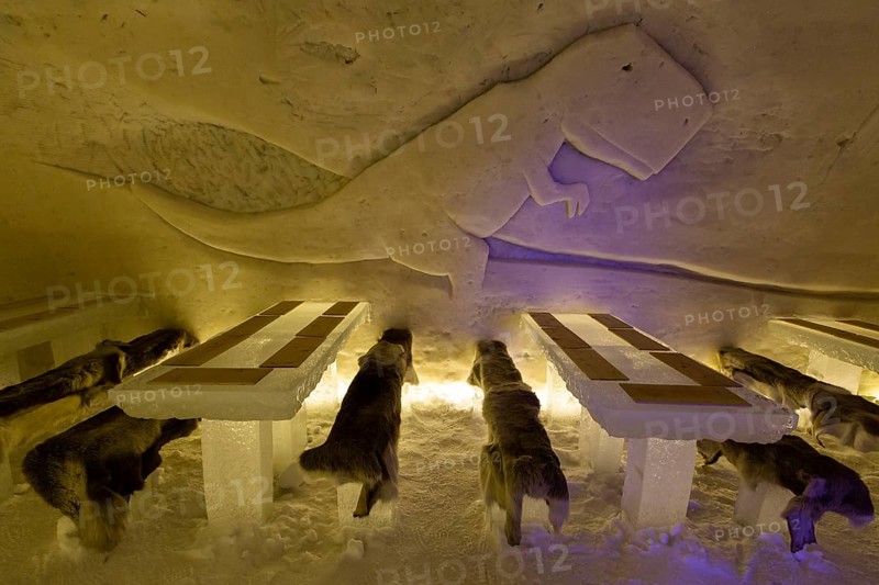 Tables and benches made of ice