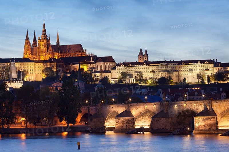 View over the Vltava River to Charles Bridge and Hradcany