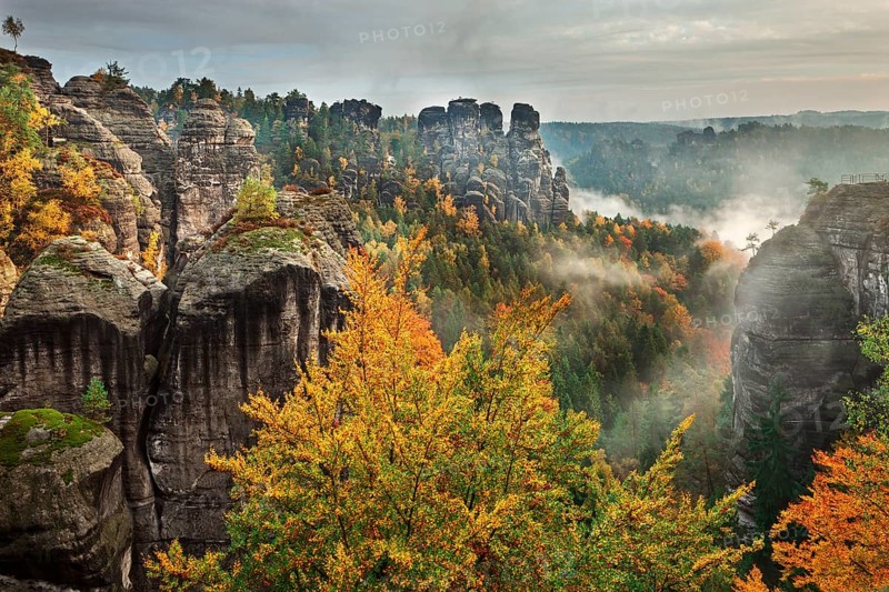 View from the Bastei in fall at dawn