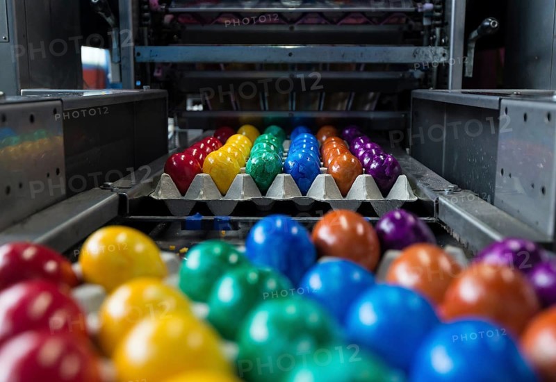 Brightly coloured Easter eggs on a conveyor belt