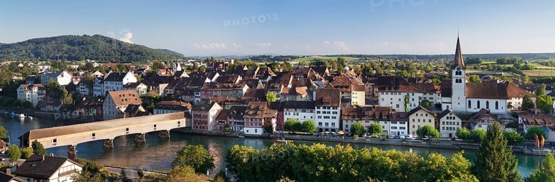 Townscape with its historic wooden bridge over the Rhine