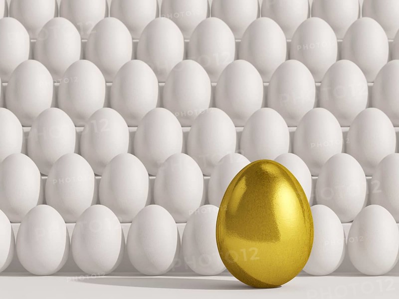 Large golden egg in front of white eggs