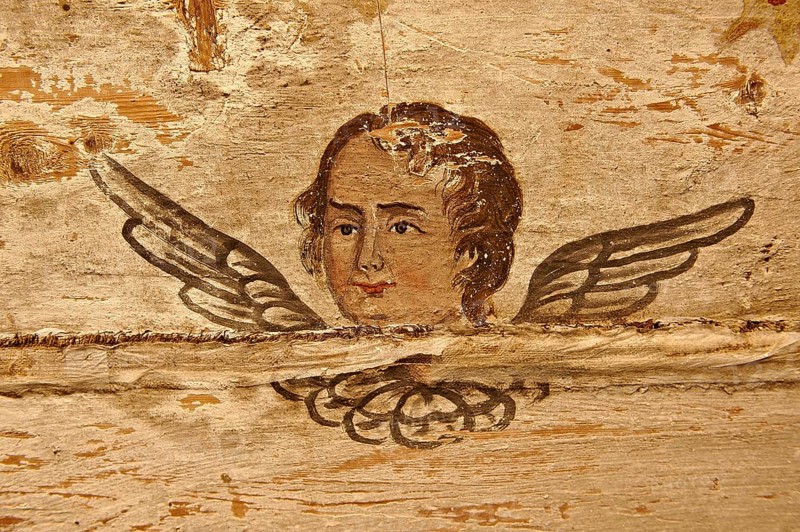 Naive Christian fresco inside the wooden Church of the Archangels Michael and Gabriel