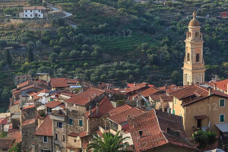 View over the red rooftops of Vallebona with the Church of San Lorenzo