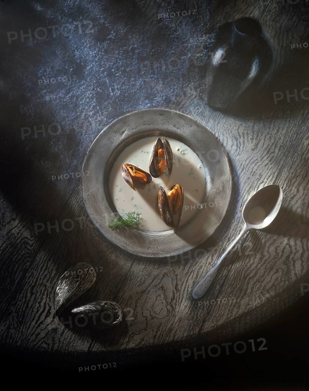 Moules marinieres on a pewter plate