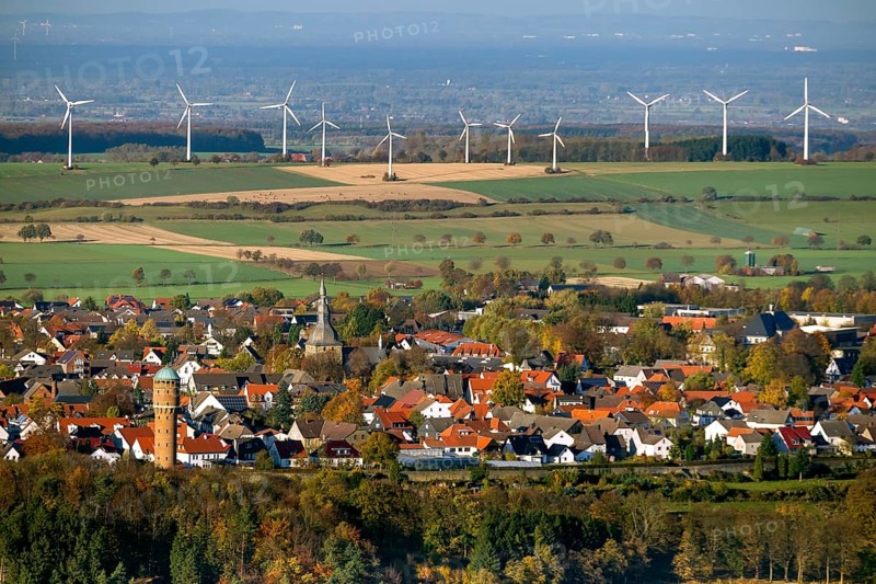 Town of Ruthen with wind power station on Soester Haarstrang ridge