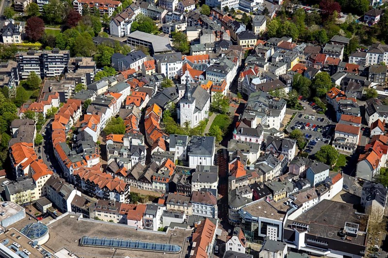 Aerial view of the historical city centre of Ludenscheid's old town with the Erloserkirche at the Kirchplatz in Ludenscheid im Sauerland in the federal state North Rhine-Westphalia
